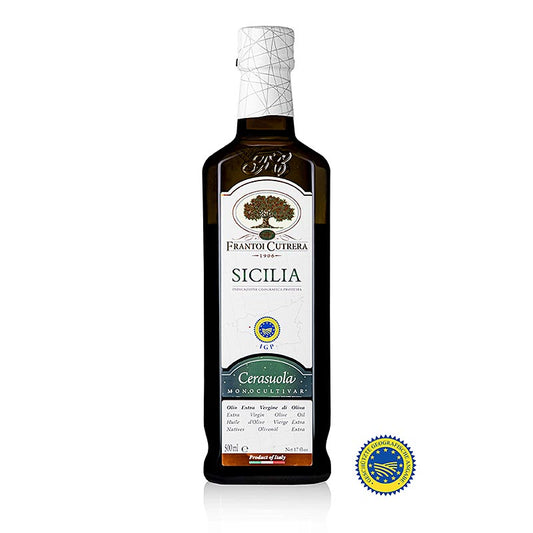 Flasche natives Olivenöl Extra Frantoi Cutrera IGP/ggA 100% Cerasuola 500 ml, mit goldgelbem, naturtrübem, mittelfruchtigem Olivenöl, das an reife Tomaten und frisches Gemüse erinnert, harmonisch bitter und scharf im Geschmack, ideal zu gegrilltem Fleisch, reifem Käse und Gemüsesuppen