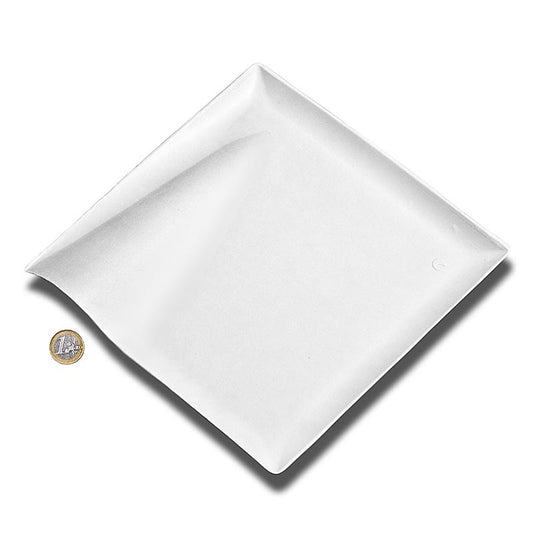 Assiette jetable « Wave », en fibres de canne à sucre, blanche, carrée avec bord ondulé, 20,5 x 20,5 cm