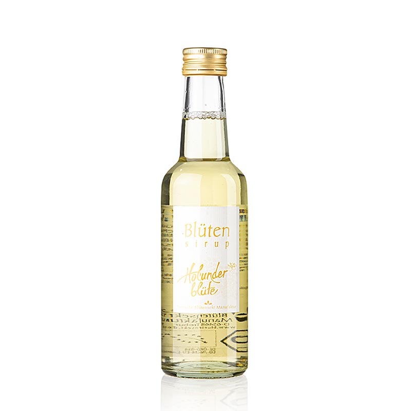 Flasche mit 250 ml Blütensirup Holunderblüte, 1:10, BIO Duftet nach Holunderblüte, Limette und Stachelbeerblättern Säurefrischer, natürlicher, herb-kräutiger Geschmack Verwendung in Verdünnung 1:10 für Blütenschorle, Verfeinerung von Sekt und Tee, heiße Blüte, Joghurt, Müsli, Desserts und frische Früchte Hergestellt von der Deutschen Blütensekt Manufaktur, entwickelt von Biologin Anja B Quäschning Handgeerntete und pflückfrisch verarbeitete Blütenauszüge in klarem Quellwasser, zuckerfrei