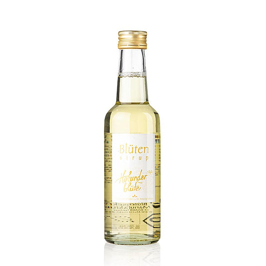 Flasche mit 250 ml Blütensirup Holunderblüte, 1:10, BIO Duftet nach Holunderblüte, Limette und Stachelbeerblättern Säurefrischer, natürlicher, herb-kräutiger Geschmack Verwendung in Verdünnung 1:10 für Blütenschorle, Verfeinerung von Sekt und Tee, heiße Blüte, Joghurt, Müsli, Desserts und frische Früchte Hergestellt von der Deutschen Blütensekt Manufaktur, entwickelt von Biologin Anja B Quäschning Handgeerntete und pflückfrisch verarbeitete Blütenauszüge in klarem Quellwasser, zuckerfrei