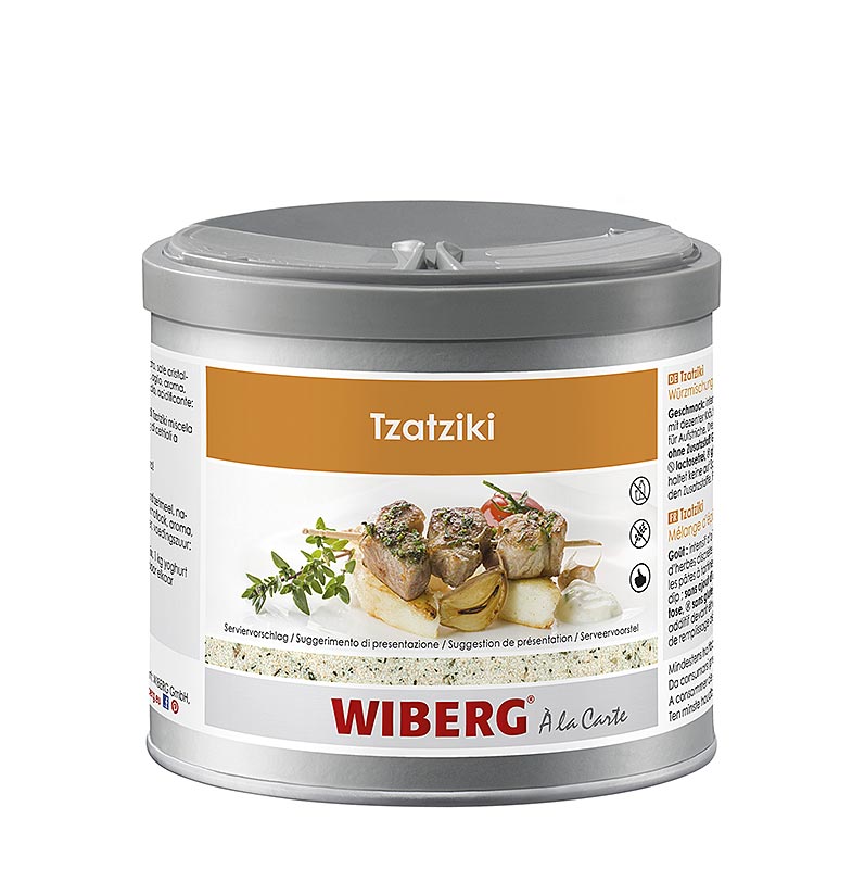 Tzatziki seasoning mix by Wiberg, perfect for seasoning 8 kg of food, comes in a 300 g package (English)