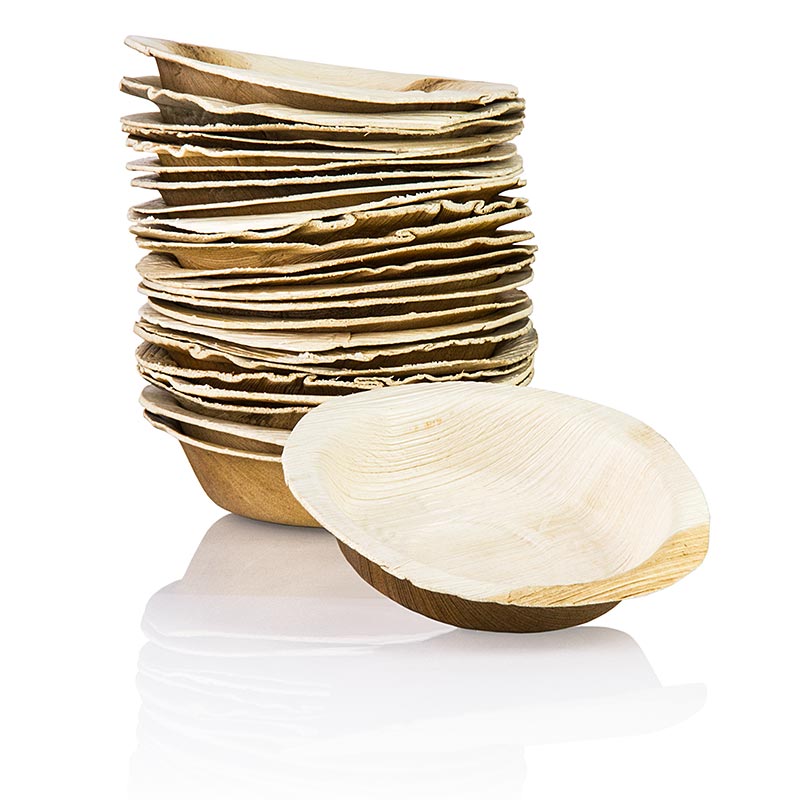 Piatto monouso in foglia di palma, rotondo, ø 12 cm circa, profondo, 100% compostabile, 200 pezzi.