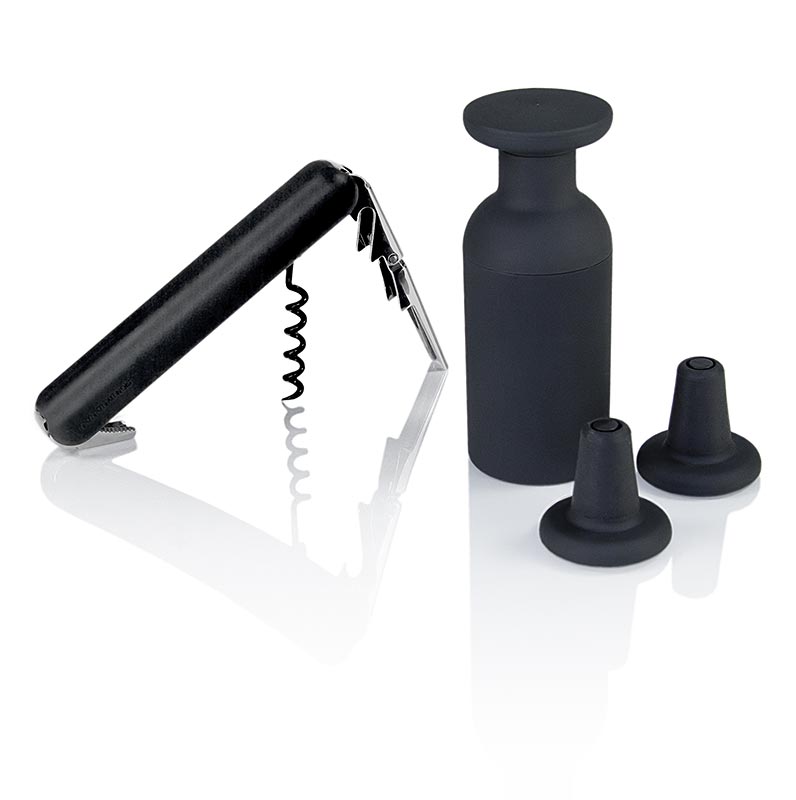 Norm Set à vin avec sommelier, pompe à vide & 2 bouchons, 14cm, ø 5cm, aspect carbone, 4 pcs.