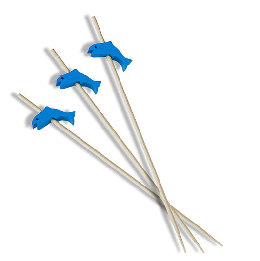 Holzspieße mit blauem Delphin als Dekoration, 11,2cm lang, 100 Stück - ideal für Canapés, Fingerfood, Buffets und Cocktails