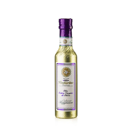 Flasche natives Olivenöl Extra Venturino mit Taggiasca Oliven und Goldfolie, 250 ml, ideal für Gemüse, helles Fleisch, Fisch, Süßspeisen und Backen, von der Familie Venturino in Ligurien handgeerntet und hergestellt