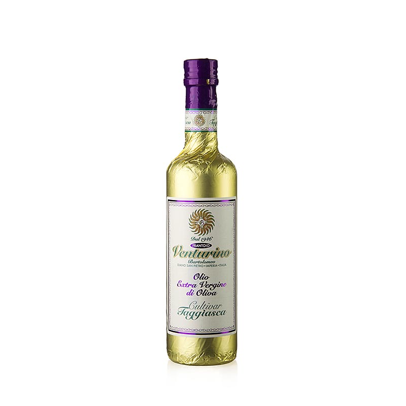 Bild eines 500 ml Flasche Natives Olivenöl Extra Venturino, hergestellt aus 100% Taggiasca Oliven, mit Goldfolie verpackt, ideal für Gemüsegerichte, helles Fleisch, Fisch und Süßspeisen, von der Familie Venturino in Ligurien produziert