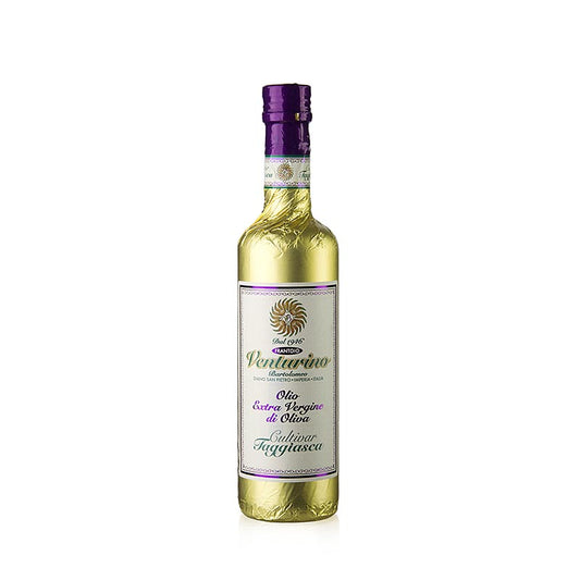 Bild eines 500 ml Flasche Natives Olivenöl Extra Venturino, hergestellt aus 100% Taggiasca Oliven, mit Goldfolie verpackt, ideal für Gemüsegerichte, helles Fleisch, Fisch und Süßspeisen, von der Familie Venturino in Ligurien produziert