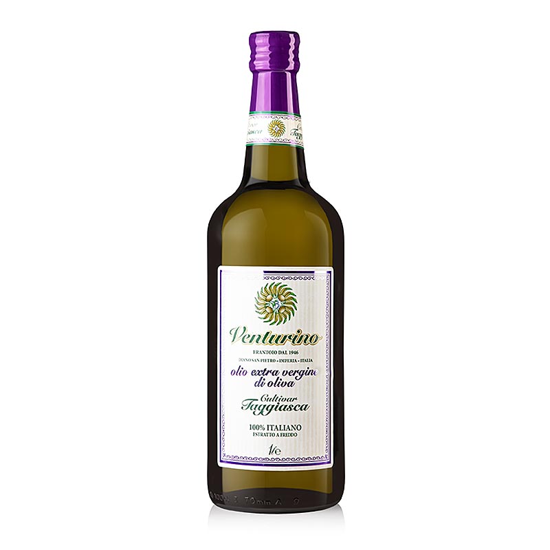 Natives Olivenöl Extra, Venturino, 100% Taggiasca Oliven, 1 l - Beschreibung und Verwendungszweck dieses wunderbaren, reinsortigen Olivenöls Ideal für Gemüsegerichte, helles Fleisch, Fisch, Süßspeisen und zum Backen Hergestellt aus kleinfruchtigen Taggiasca Oliven, kultiviert in terrassenförmig angelegten Olivenhainen in Ligurien