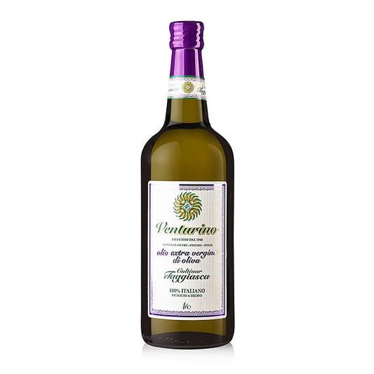 Natives Olivenöl Extra, Venturino, 100% Taggiasca Oliven, 1 l - Beschreibung und Verwendungszweck dieses wunderbaren, reinsortigen Olivenöls Ideal für Gemüsegerichte, helles Fleisch, Fisch, Süßspeisen und zum Backen Hergestellt aus kleinfruchtigen Taggiasca Oliven, kultiviert in terrassenförmig angelegten Olivenhainen in Ligurien