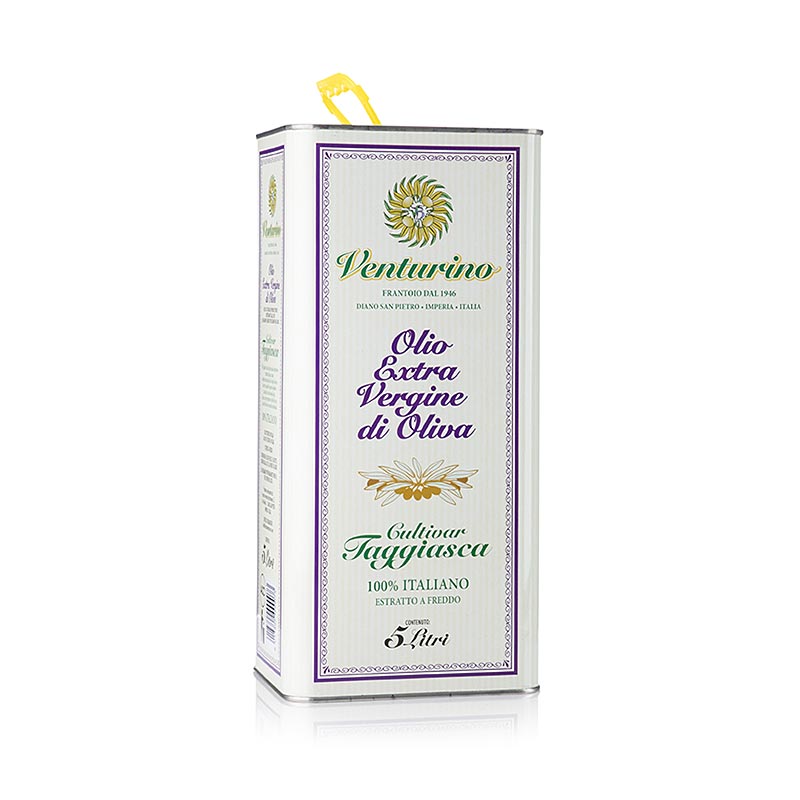 Natives Olivenöl Extra, Venturino, 100% Taggiasca Oliven, 5 l - Reinsortiges, leicht-harmonisches Olivenöl mit Noten von Süssmandel und einem dezent würzigen Abgang, ideal für Gemüsegerichte, helles Fleisch, Fisch, Süßspeisen und Backen, produziert von der Familie Venturino in Ligurien