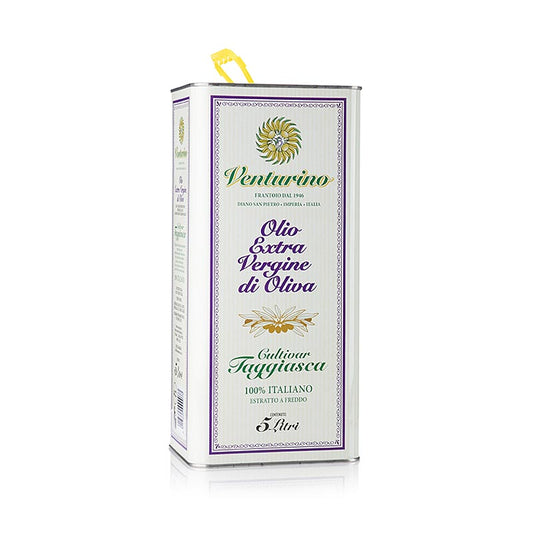 Natives Olivenöl Extra, Venturino, 100% Taggiasca Oliven, 5 l - Reinsortiges, leicht-harmonisches Olivenöl mit Noten von Süssmandel und einem dezent würzigen Abgang, ideal für Gemüsegerichte, helles Fleisch, Fisch, Süßspeisen und Backen, produziert von der Familie Venturino in Ligurien