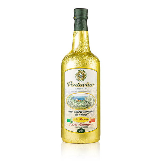 Flasche natives Olivenöl Extra, Venturino Mosto, 100% italienische Oliven, 1 l, aus terrassenförmig angelegten Olivenhainen in der Nähe der ligurischen Küste bei Taggia, von Hand geerntet von der Familie Venturino