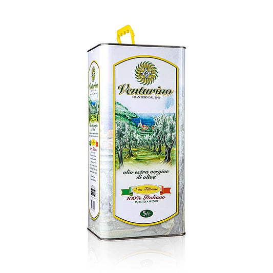 5 Liter natives Olivenöl Extra, Venturino Mosto, 100% italienische Oliven, nicht gefiltert und ausgewogen im Geschmack, kultiviert von der Familie Venturino in terrassenförmig angelegten Olivenhainen in der Nähe der ligurischen Küste bei Taggia