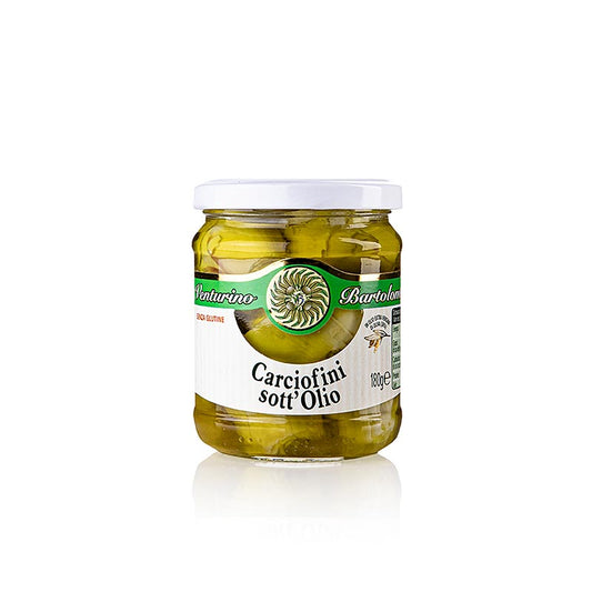 Eingelegte Artischocken - Carciofini sott´olio, in Olivenöl, Venturino, 180 g: Eine Delikatesse aus Artischocken in extra nativem Olivenöl mit einer Prise Salz, ideal als Beilage zu Hauptgerichten oder als köstliches Appetithäppchen