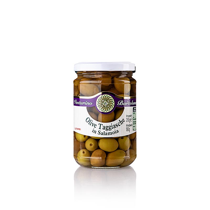 Oliven Mischung, grüne & schwarze Taggiasca-Oliven, mit Kern, in Lake, Venturino, 290 g - A 290g jar of mixed green and black Taggiasca olives in brine by Venturino