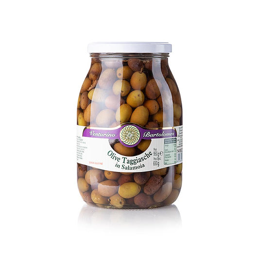 Oliven Mischung, grüne & schwarze Taggiasca-Oliven, in Salzlake eingelegt, mit Thymian, Lorbeer und Rosmarin, Venturino, 950 g