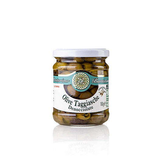 Eingelegte Oliven Mischung aus grünen und schwarzen Taggiasca Oliven in extra nativem Olivenöl mit Salz, Thymian, Lorbeer und Rosmarin, Venturino, 180 g