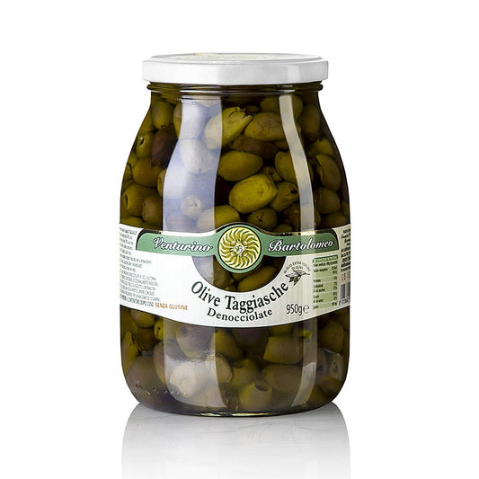 Eingelegte Olivenmischung aus entkernten grünen und schwarzen Taggiasca-Oliven in extra nativem Olivenöl, mit Salz, Thymian, Lorbeer und Rosmarin