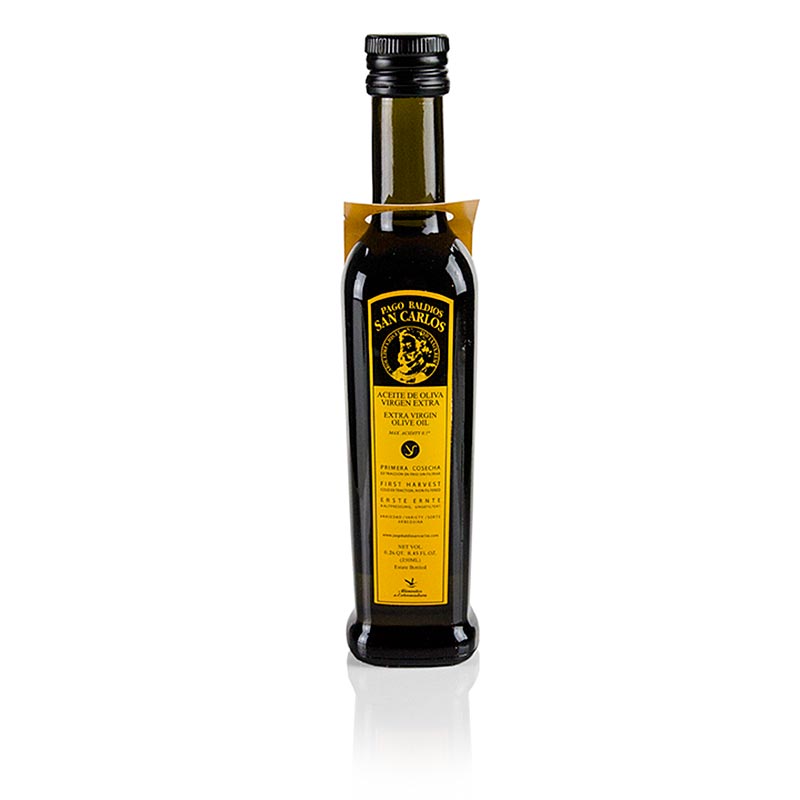 Natives Olivenöl Extra, Pago Baldios San Carlos, 100% Arbequina, 250 ml - Hochwertiges Olivenöl mit grünen Apfel- und Bananentönen, angenehm süß, pikant und mit anhaltendem Mandelgeschmack, mehrfach ausgezeichnet