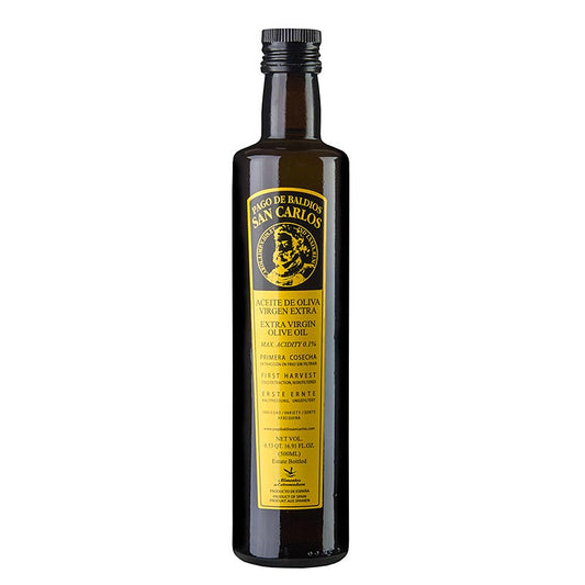 Natives Olivenöl Extra, Pago Baldios San Carlos, 100% Arbequina, 500 ml - Beschreibung eines mehrfach ausgezeichneten Olivenöls mit Noten von grünen Äpfeln, frischem Gras und Bananentönen, angenehm süß, nicht bitter, pikant und mit anhaltendem Mandelgeschmack