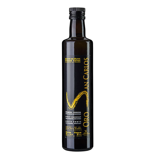 Natives Olivenöl Extra, Pago Baldios Oro San Carlos, Arbequina & Cornicabra, 500 ml - Hochwertiges, mehrfach ausgezeichnetes Olivenöl mit grün-fruchtigem Geschmack und reifen Noten, geeignet für nicht gegarte Speisen und Salatkreationen