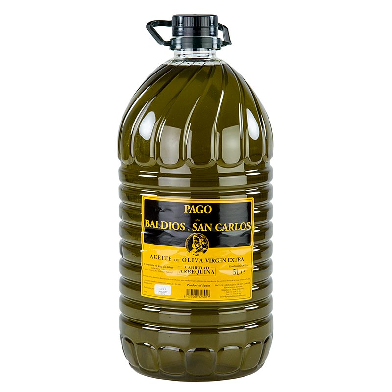 Natives Olivenöl Extra, Pago Baldios San Carlos, 100% Arbequina, 5 l - Hochwertiges Olivenöl mit grünen, frischen Aromen von grünen Äpfeln, frischem Gras und Banane, angenehm süß, wenig bitter, pikant und mit anhaltendem Mandelgeschmack Geeignet für 3-Sterne-Chefs weltweit
