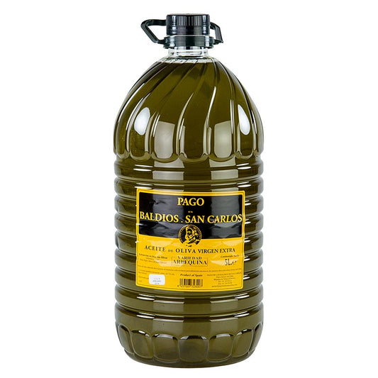 Natives Olivenöl Extra, Pago Baldios San Carlos, 100% Arbequina, 5 l - Hochwertiges Olivenöl mit grünen, frischen Aromen von grünen Äpfeln, frischem Gras und Banane, angenehm süß, wenig bitter, pikant und mit anhaltendem Mandelgeschmack Geeignet für 3-Sterne-Chefs weltweit