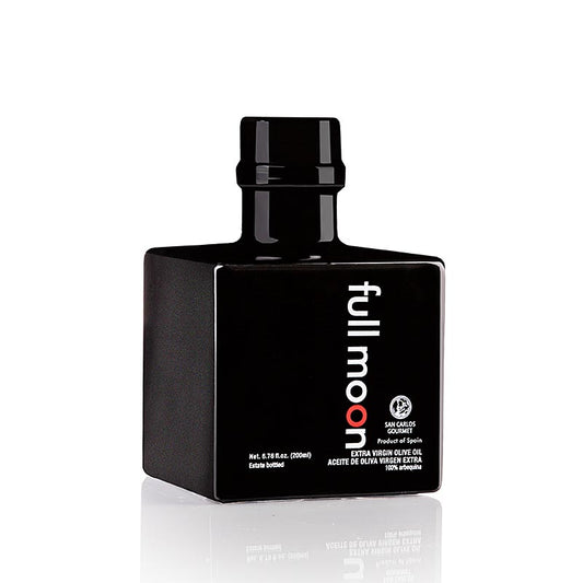 Flasche natives Olivenöl Extra Full Moon Pago Baldios San Carlos Arbequina 200 ml, mit intensiver Fruchtigkeit und Noten von frischen Kräutern, Banane und Erdbeere, ideal für Liebhaber eines sinnlichen und exotischen Aromas
