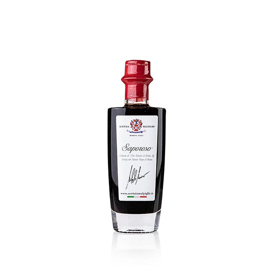 Balsamico Condiment Saporoso, 6 Jahre, Eichen- & Akazienholzfass, Malpighi, 100 ml – Hochwertiges 6 Jahre altes Balsamico-Condiment von Malpighi, gereift in Eichen- und Akazienholzfässern in Modena, Italien, ideal für Gemüse, gebratenes Fleisch oder Wild