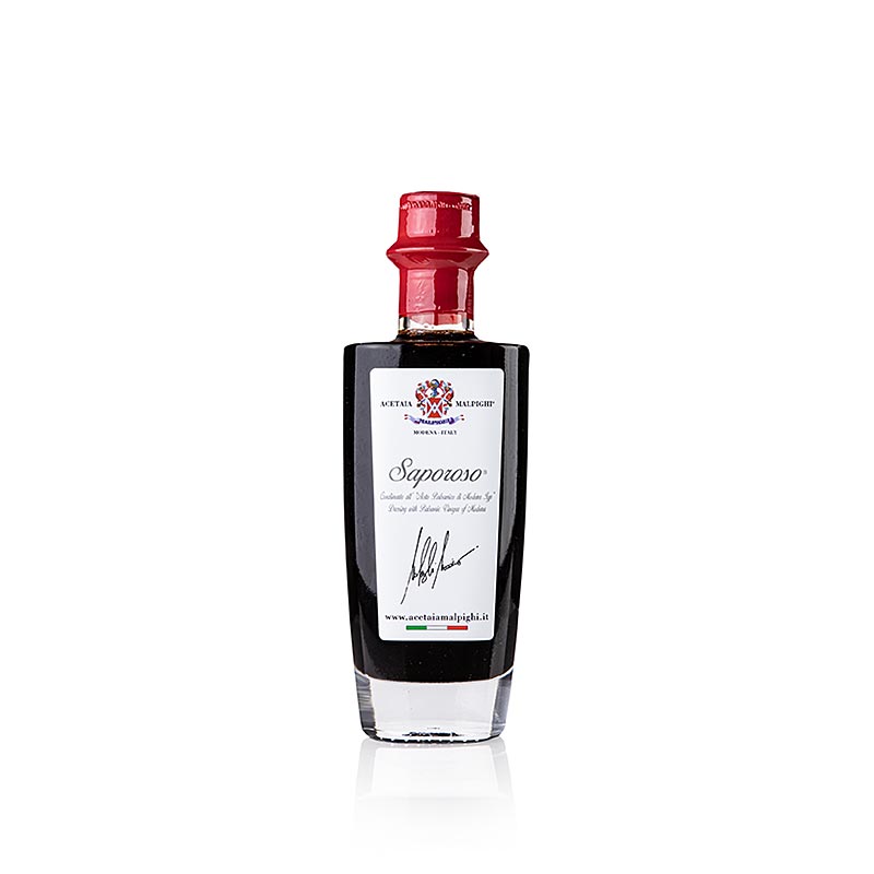100 ml bottle of Malpighi's Balsamic Condiment Saporoso, aged 6 years in oak and acacia wood barrels (English)