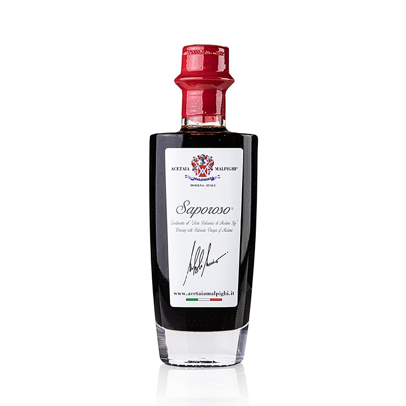 German

Alt text: Flasche mit 200 ml Balsamico Condiment Saporoso, gereift 6 Jahre in Eichen- & Akazienholzfass, von Malpighi