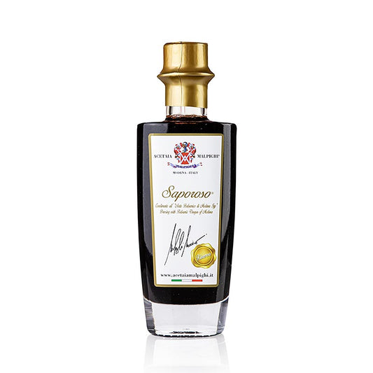 Saporoso Riserva 8 Jahre alt Balsamico Condiment in Eichen- & Akazienholzfässern gereift, perfekt zu Gemüse und gebratenem Fleisch geeignet