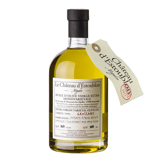 Natives Olivenöl Extra, aus Grossane Oliven, Chateau d´Estoublon, 500 ml - Produktbeschreibung: Elegant, mild und delikat im Duft, mit diskreten Zitrusnoten auf der Zunge Perfekte Harmonie mit mariniertem Jakobsmuschel-Salat und Fruchtsalaten, insbesondere mit Erdbeeren und einem Spritzer Zitrone