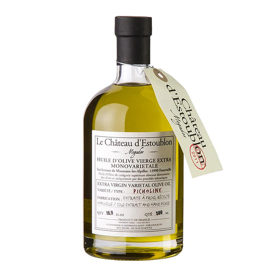 Natives Olivenöl Extra, aus Picholine Oliven, Chateau d´Estoublon, 500 ml - Intensiv duftendes und bitter-scharfes extra vierge Olivenöl, ideal für Frühjahrsgemüse, Fisch-Carpaccio und Rindertartar Auch perfekt für Sorbets und Eiscreme