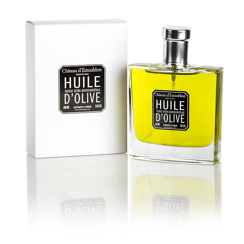 Flacon im Parfum-Design mit 100 ml Natives Olivenöl Extra aus Salonenque Oliven, Chateau d´Estoublon - ein aussergewöhnliches Geschenk und Kräftig-pfeffriges Olivenöl in besonderer Flaconflasche für die Parfümierung Ihrer Speisen