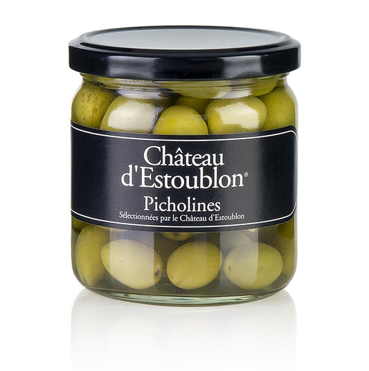 Grüne Oliven mit Kern in Lake, Chateau d'Estoublon, 350 g - Authentische Picholine-Oliven von höchster Qualität, perfekt als Aperitif oder in Salaten Entdecken Sie den köstlichen mediterranen Geschmack!