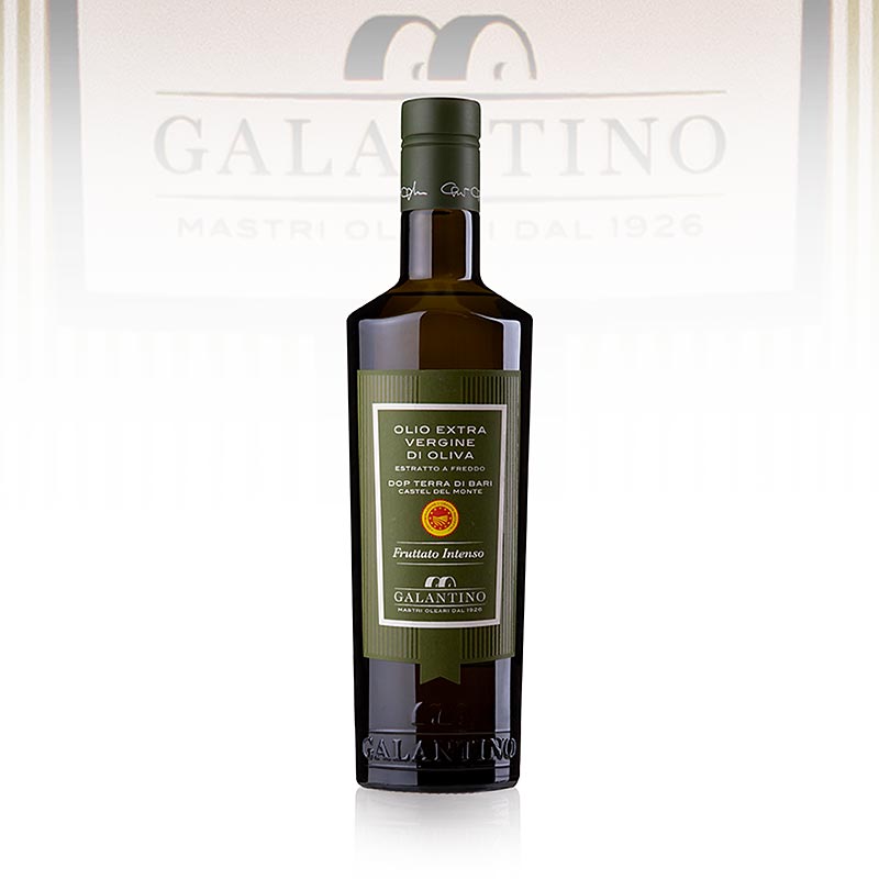 Natives Olivenöl Extra, Galantino Terra di Bari DOP/gU, kräftig fruchtig, 500 ml - Hochwertiges Olivenöl aus handgeernteten Coratina Oliven, kalt extrahiert, mit kräftig fruchtigem Duft und fruchtigem Geschmack, ideal für Gemüsedressings, Suppen und gegrilltes Fleisch Hergestellt in Apulien, bekannt für beste Qualität und traditionelle Ernte