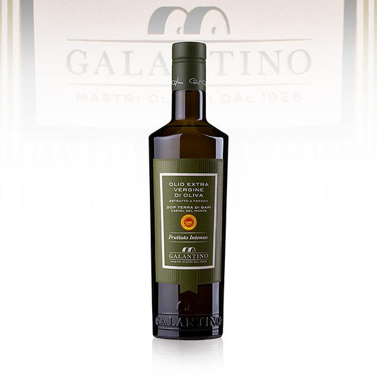 Natives Olivenöl Extra, Galantino Terra di Bari DOP/gU, kräftig fruchtig, 500 ml - Hochwertiges Olivenöl aus handgeernteten Coratina Oliven, kalt extrahiert, mit kräftig fruchtigem Duft und fruchtigem Geschmack, ideal für Gemüsedressings, Suppen und gegrilltes Fleisch Hergestellt in Apulien, bekannt für beste Qualität und traditionelle Ernte