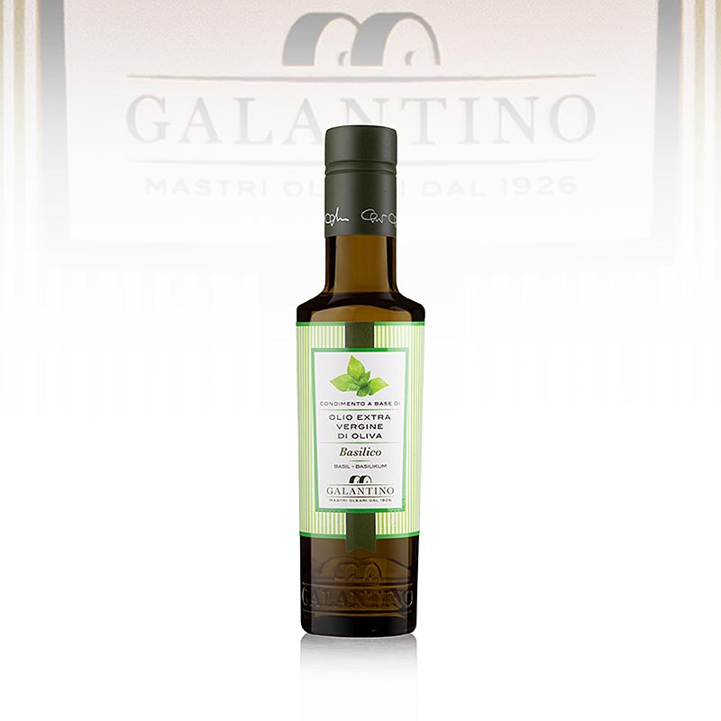 Flasche natives Olivenöl Extra Galantino mit Basilikum - Basilicolio, 250 ml, ideal für Mayonnaise, Saucen, Risotto, Pizza, Pasta, Bruschetta und Caprese Salat, hochqualitatives Dressing, delikater Duft