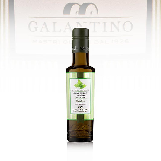 Flasche natives Olivenöl Extra Galantino mit Basilikum - Basilicolio, 250 ml, ideal für Mayonnaise, Saucen, Risotto, Pizza, Pasta, Bruschetta und Caprese Salat, hochqualitatives Dressing, delikater Duft