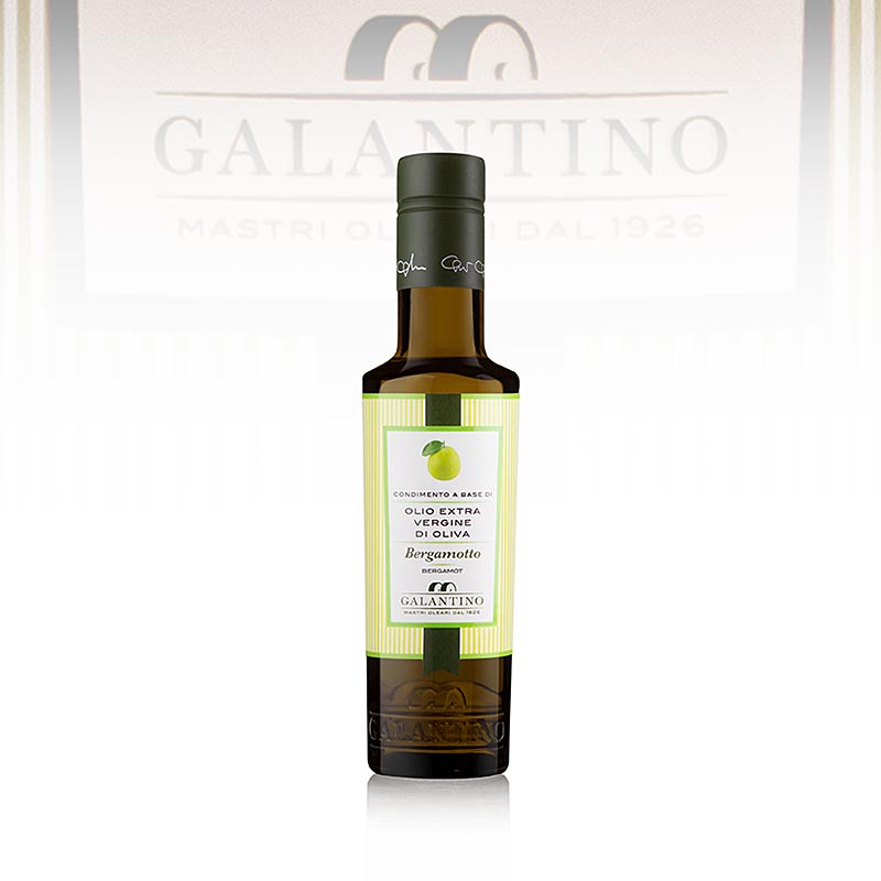 German: Flasche natives Olivenöl Extra von Galantino mit  Bergamotte - Bergamottolio, 250 ml, ideal zum Verfeinern von Speisen