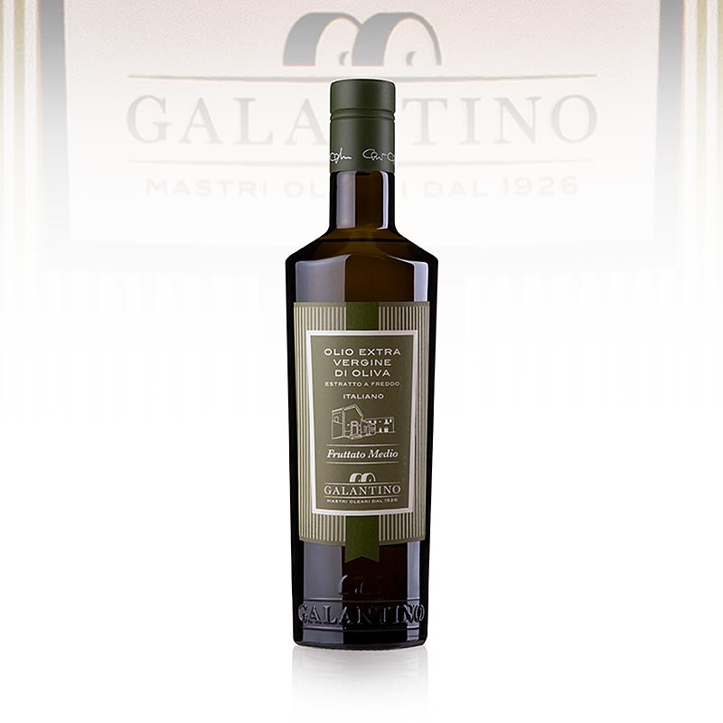 Natives Olivenöl Extra von Galantino Il Frantoio, hergestellt aus handgeernteten Coratina und Ogliarola Oliven, kalt extrahiert und mit einem leicht fruchtigen Geschmack von Artischocken und Mandeln, perfekt für Salatdressings, Pasta und Suppen