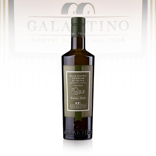 Natives Olivenöl Extra von Galantino Il Frantoio, hergestellt aus handgeernteten Coratina und Ogliarola Oliven, kalt extrahiert und mit einem leicht fruchtigen Geschmack von Artischocken und Mandeln, perfekt für Salatdressings, Pasta und Suppen