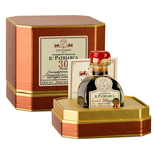 Leonardi - Balsamico Patriarca Condimento, 30 Jahre, 50 ml - Flasche mit edlem, süsslichem Balsamico Condiment, gelagert in Esche- und Kirschholzfässern, einzeln nummeriert und mit Alters- und Fassangabe versiegelt, verpackt in edlem Geschenkkarton, ideal zum Verfeinern von Kaviar, reifem Käse und Gänseleber oder als Digestif nach einem besonderen Dinner