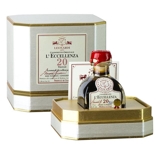 Bild eines 50 ml Fläschchens Leonardi - Balsamico Eccelenza Condimento, 20 Jahre, das süßlich und weich ist und gegrilltes Gemüse, Fleisch und geräucherten Lachs verfeinert