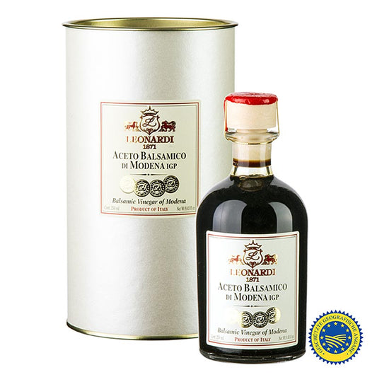 Balsamico Leonardi Aceto Balsamico di Modena IGP/ggA, 8 Jahre, 250 ml in edler Verpackung der Good Luxury Linie von Leonardi, empfehlenswert für Salatdressing und Fischgerichte