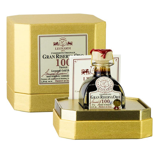 Leonardi - Gran Riserva Oro Condimento, 100 Jahre, 68 g: Exklusiver 100 Jahre alter Balsamico, weich, harmonisch und in perfekter Balance, ideal zum Verfeinern von Gerichten und als kostbarer Digestif, mit individueller Nummerierung und Zertifikat