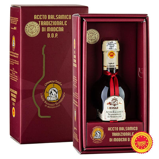 Aceto Balsamico Tradizionale di Modena DOP/gU, 12 Jahre, Leonardi, 100 ml - Der Affinato Balsamico mit süß-säuerlichen Geschmacksnoten veredelt pikante und süße Zubereitungen wie Salate, Gemüse, Fleisch, Fisch, Omlettes, Käse und Desserts