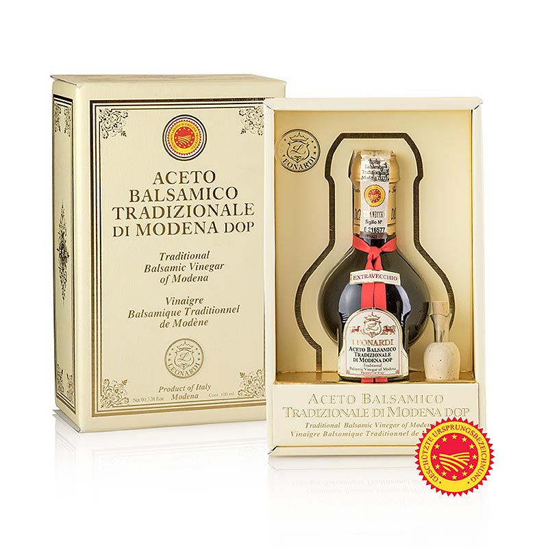 Aceto Balsamico Tradizionale di Modena DOP/gU, Extravecchio, 25 J, Leonardi, 100 ml - Bild eines traditionellen, lange gereiften Balsamico, der pikante und süße Speisen veredelt und vielseitig einsetzbar ist, beispielsweise zu gegrilltem Gemüse, geräuchertem Lachs, Pasta, Risotto, Fischgerichten, Käse, Eiscreme und mehr