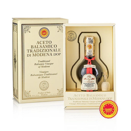 Aceto Balsamico Tradizionale di Modena DOP/gU, Extravecchio, 25 J, Leonardi, 100 ml - Bild eines traditionellen, lange gereiften Balsamico, der pikante und süße Speisen veredelt und vielseitig einsetzbar ist, beispielsweise zu gegrilltem Gemüse, geräuchertem Lachs, Pasta, Risotto, Fischgerichten, Käse, Eiscreme und mehr
